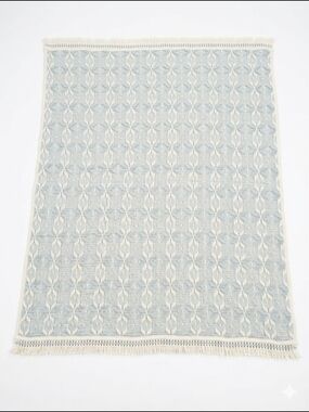 Vtg Vitoria Woven Acrylic Throw Blanket Blue White Geometric MCM NOS Deadstock